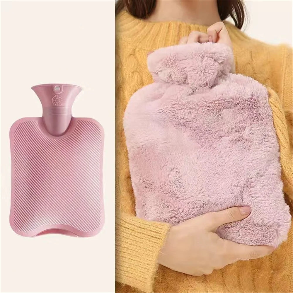1000ML Refillable Hot Water Bag with Removeable Faux Fur Cover Winter Hand Feet Warmer Water Bottle - Pink - 2