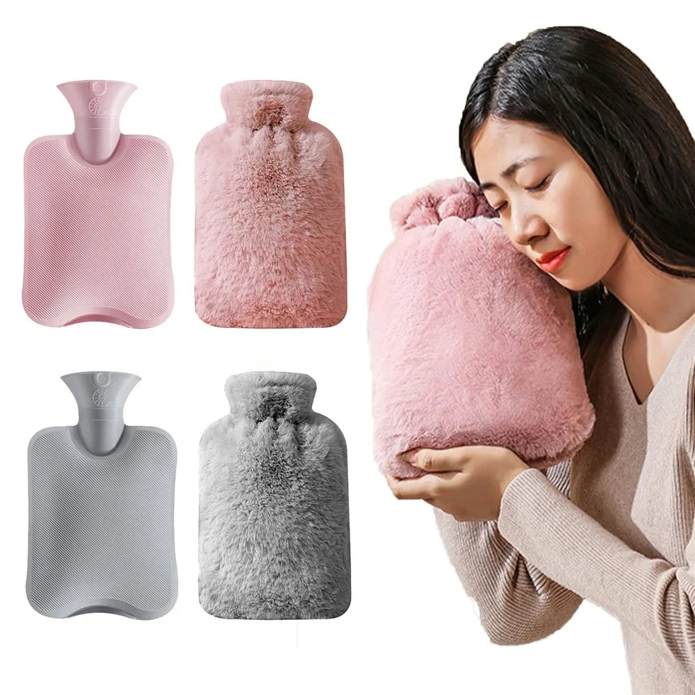 1000ML Refillable Hot Water Bag with Removeable Faux Fur Cover Winter Hand Feet Warmer Water Bottle - Pink - 3