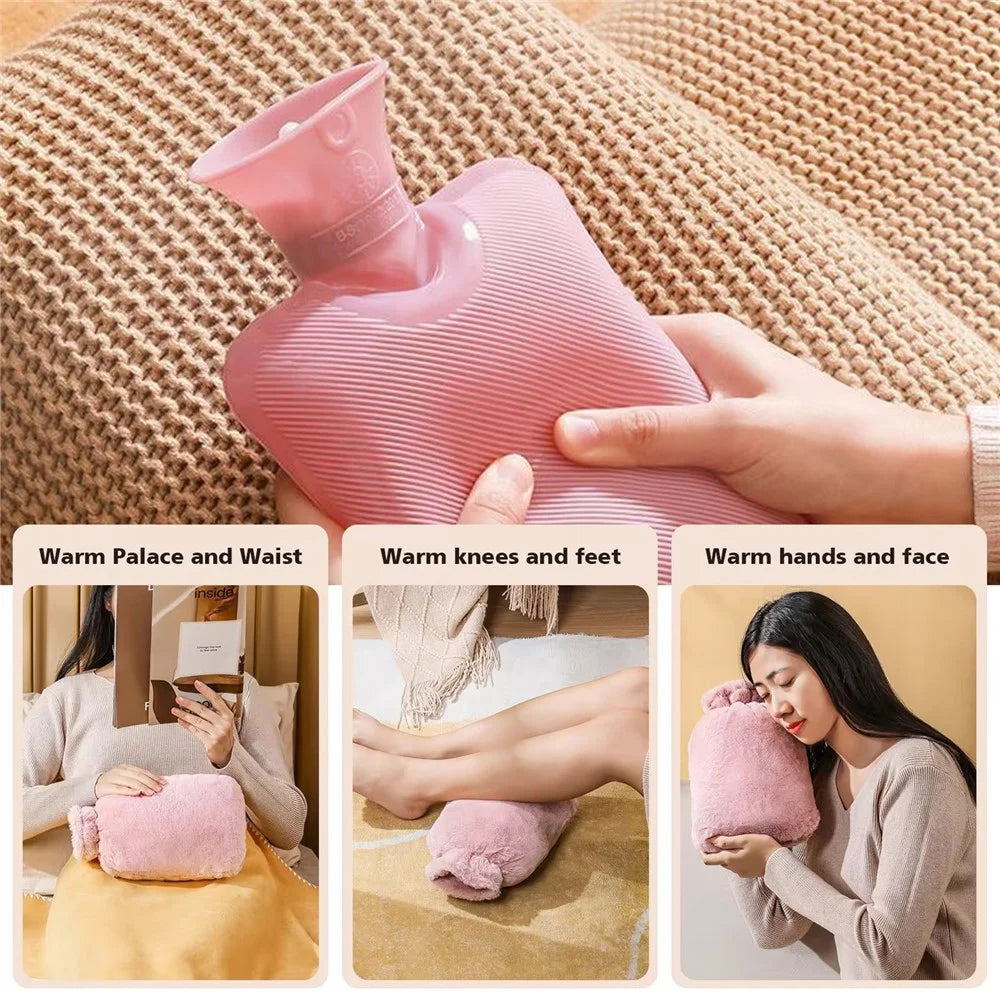 1000ML Refillable Hot Water Bag with Removeable Faux Fur Cover Winter Hand Feet Warmer Water Bottle - Pink - 6