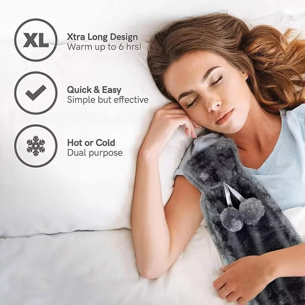 Long Strip 2L Hot Water Bottle Water Bag Fluffy Cover Warmer for Hand, Neck, Leg - Grey - 2