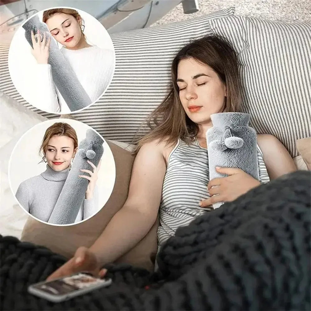 Long Strip 2L Hot Water Bottle Water Bag Fluffy Cover Warmer for Hand, Neck, Leg - Grey - 3