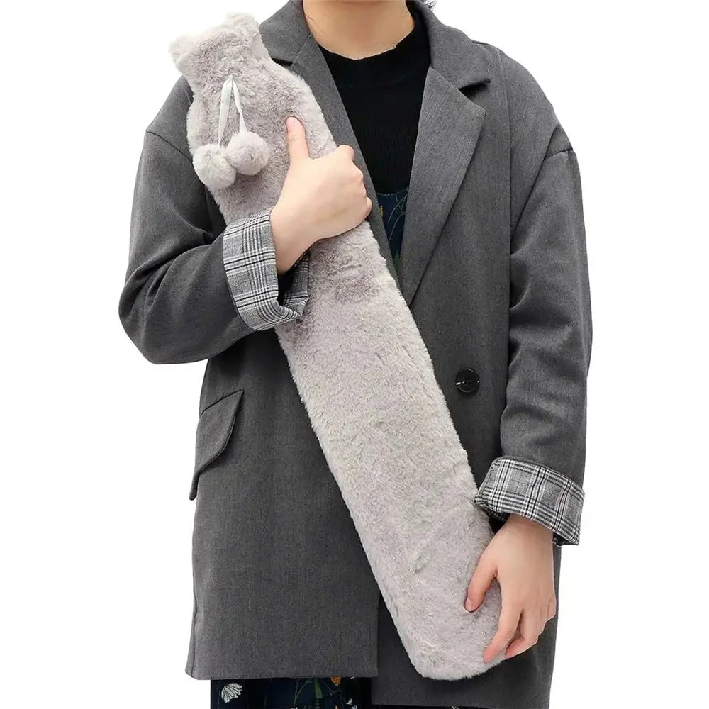 Long Strip 2L Hot Water Bottle Water Bag Fluffy Cover Warmer for Hand, Neck, Leg - Grey - 6
