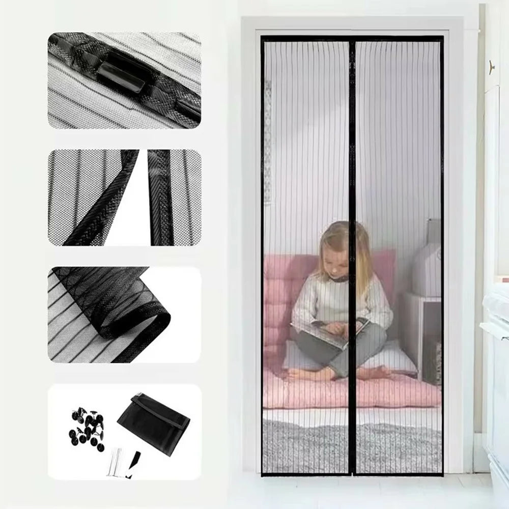 100x210cm Magnetic Screen Door Mesh Summer Mosquito Net Curtain with 9 Pairs Of Magnetic Buckle - Black - 3