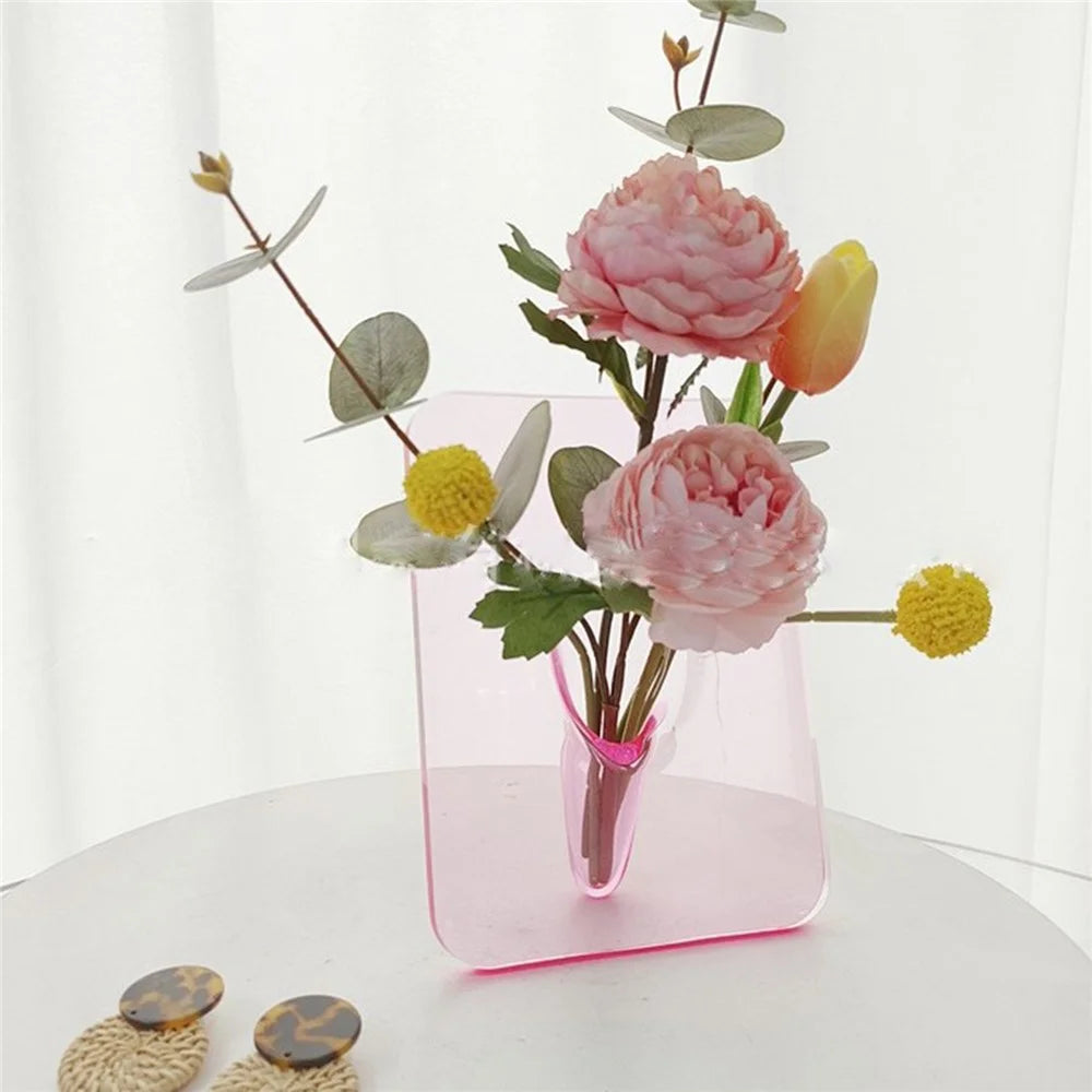 Creative Art Photo Frame Vase Clear Acrylic Hydroponic Flower Arranger Ornament Decorative Frame - Pink - 2