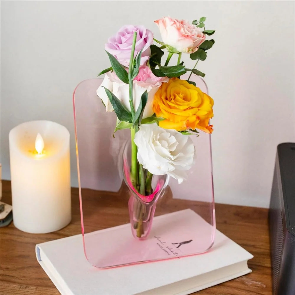 Creative Art Photo Frame Vase Clear Acrylic Hydroponic Flower Arranger Ornament Decorative Frame - Pink - 5