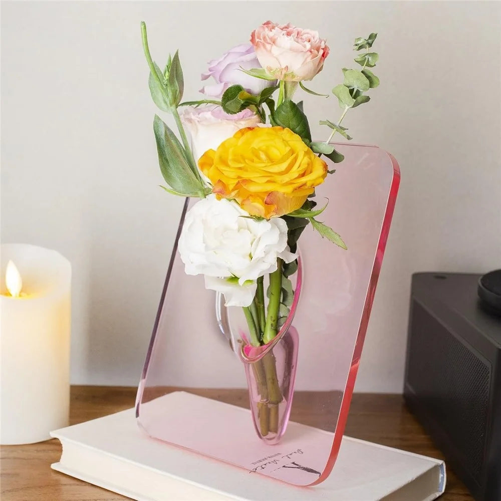 Creative Art Photo Frame Vase Clear Acrylic Hydroponic Flower Arranger Ornament Decorative Frame - Pink - 6