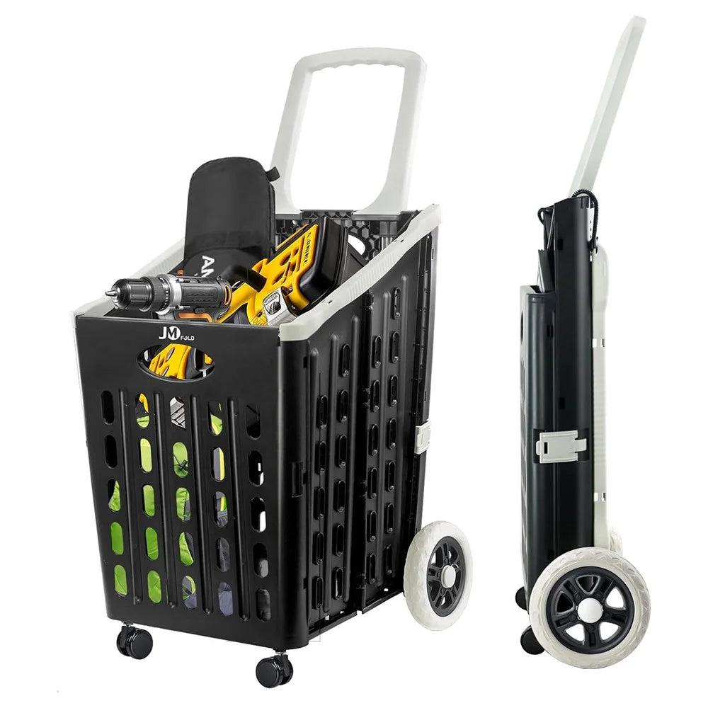 75L Supermarket Shopping Plastic Folding Grocery Cart Shopping Handcart Cargo Trolley with Universal Wheels - Black - 1