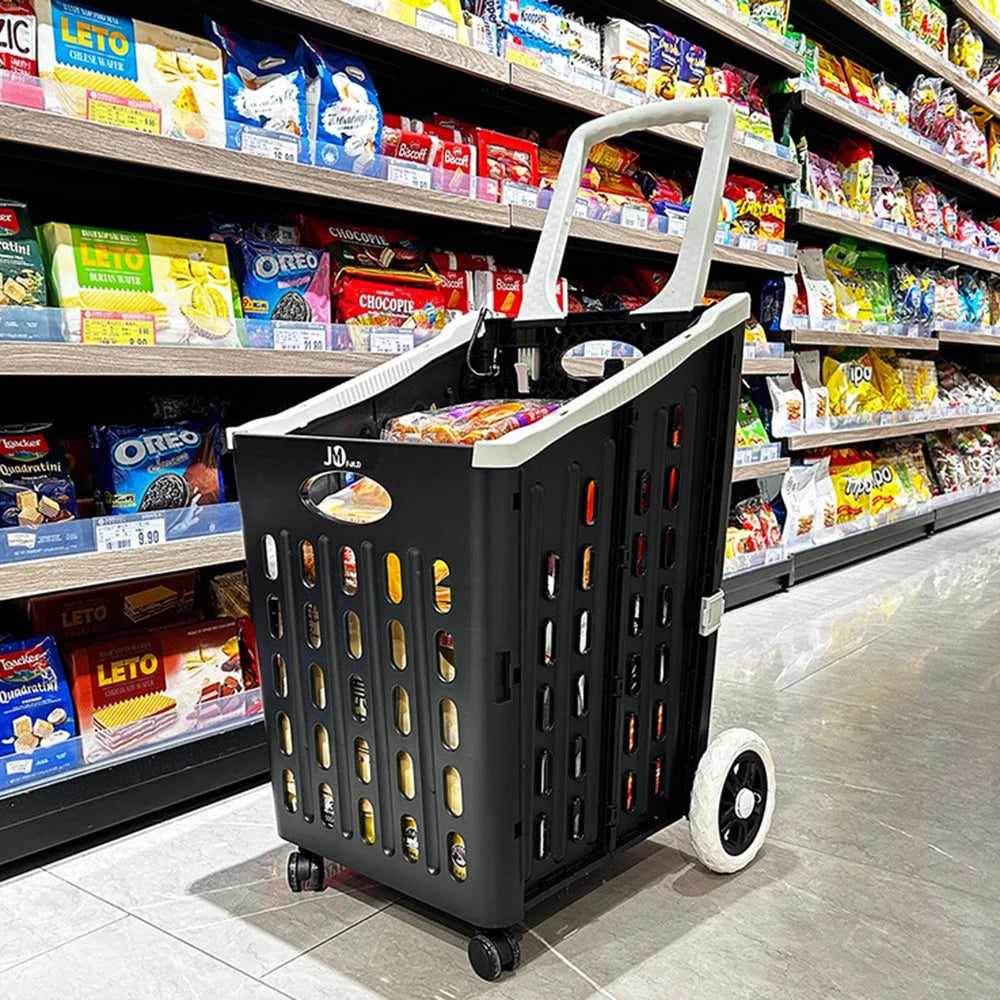 75L Supermarket Shopping Plastic Folding Grocery Cart Shopping Handcart Cargo Trolley with Universal Wheels - Black - 2