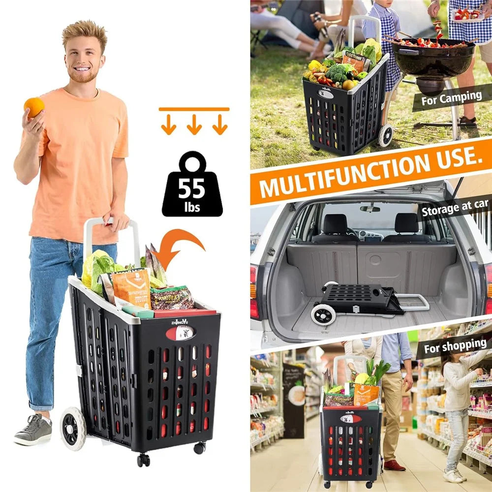 75L Supermarket Shopping Plastic Folding Grocery Cart Shopping Handcart Cargo Trolley with Universal Wheels - Black - 3