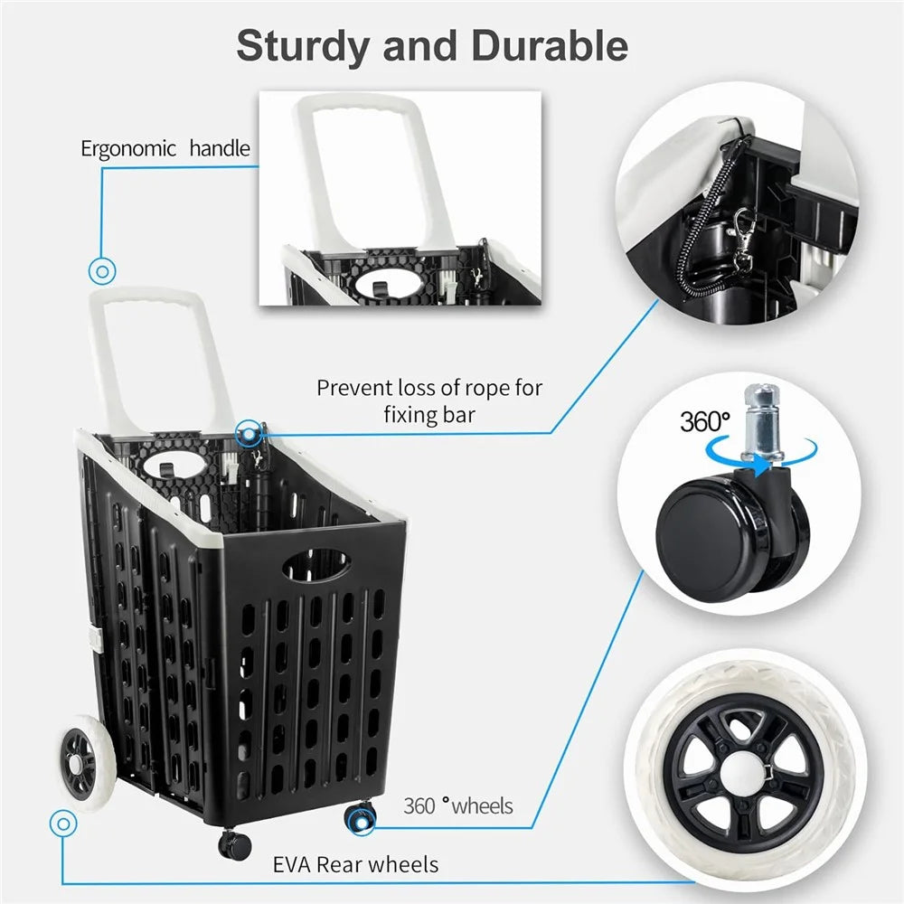 75L Supermarket Shopping Plastic Folding Grocery Cart Shopping Handcart Cargo Trolley with Universal Wheels - Black - 4