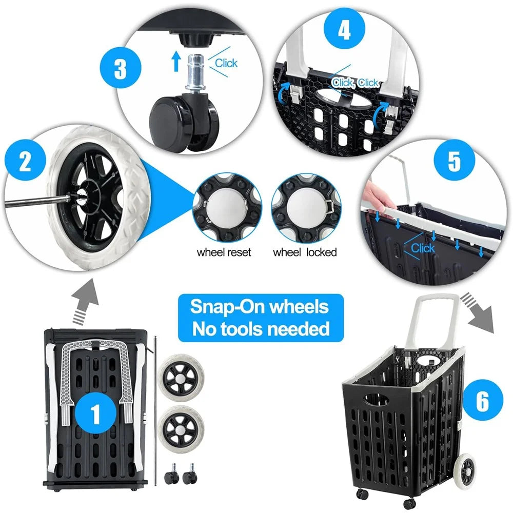 75L Supermarket Shopping Plastic Folding Grocery Cart Shopping Handcart Cargo Trolley with Universal Wheels - Black - 5