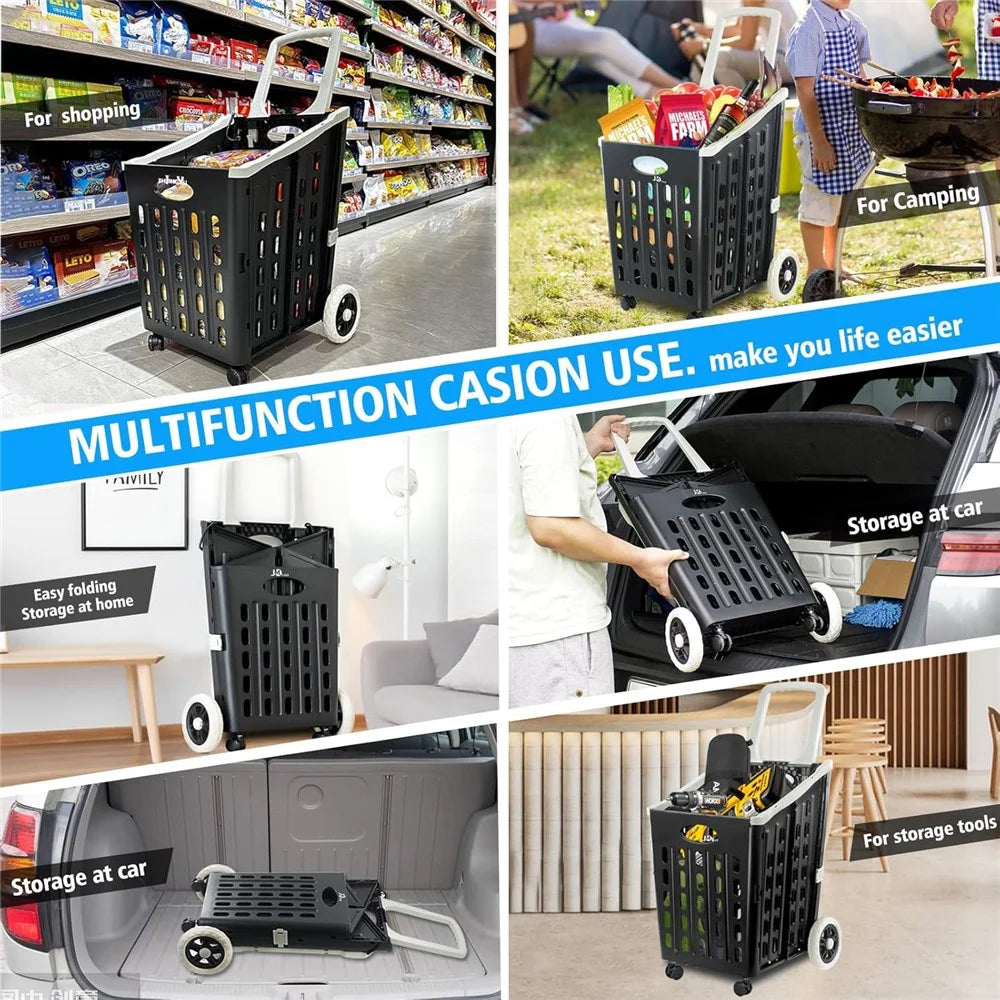 75L Supermarket Shopping Plastic Folding Grocery Cart Shopping Handcart Cargo Trolley with Universal Wheels - Black - 7