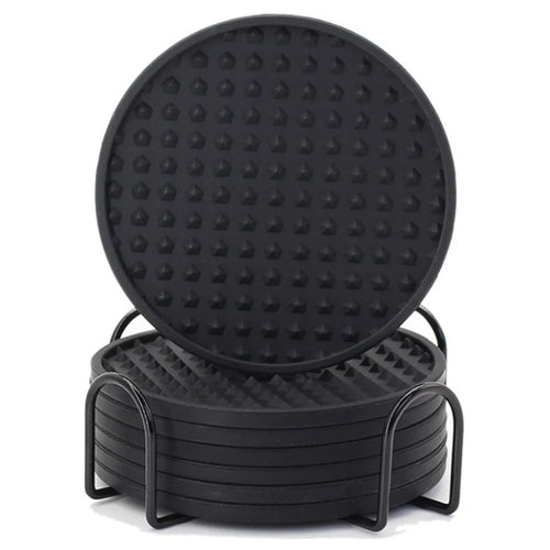6Pcs / Set Round Insulation Silicone Mat Non-Slip Heat-Resistant Coasters with Iron Bracket - Black - 1