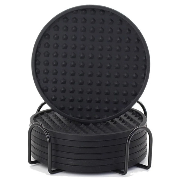 6Pcs / Set Round Insulation Silicone Mat Non-Slip Heat-Resistant Coasters with Iron Bracket - Black - 1