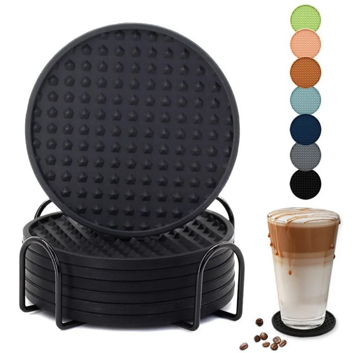 6Pcs / Set Round Insulation Silicone Mat Non-Slip Heat-Resistant Coasters with Iron Bracket - Black - 5