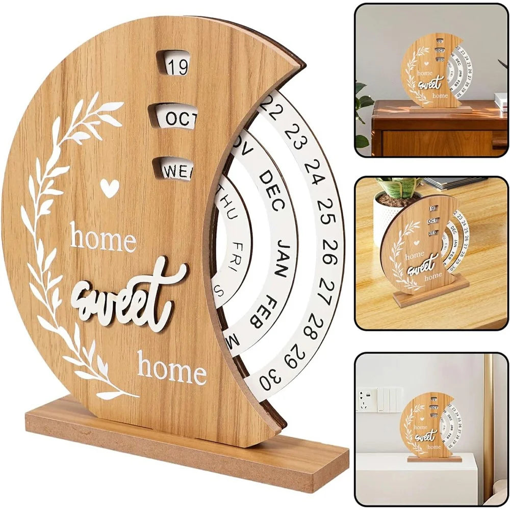 Wooden Creative Calendar Perpetual Calendar Home Office Ornament Manual Rotating Desk Calendar - Moon - 6
