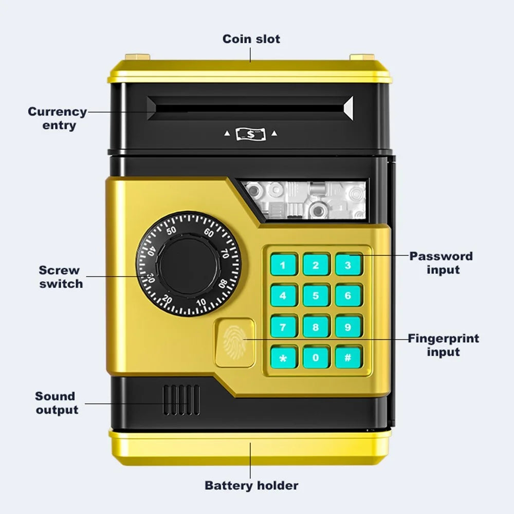 Fingerprint Password Safe Piggy Bank ATM-Style Electronic Coin and Cash Savings Children Plastic Saving Money Box - Gold - 4