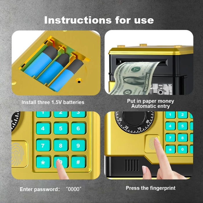 Fingerprint Password Safe Piggy Bank ATM-Style Electronic Coin and Cash Savings Children Plastic Saving Money Box - Gold - 5