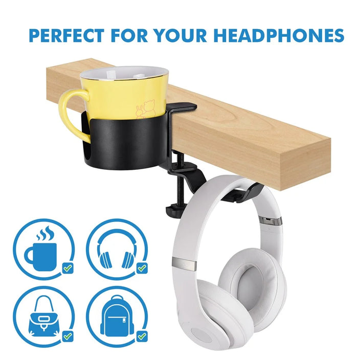 Aluminum Alloy Clamp-On Desk Cup Holder 360 Degree Rotatable Headphone Bag Hanger - Black - 3