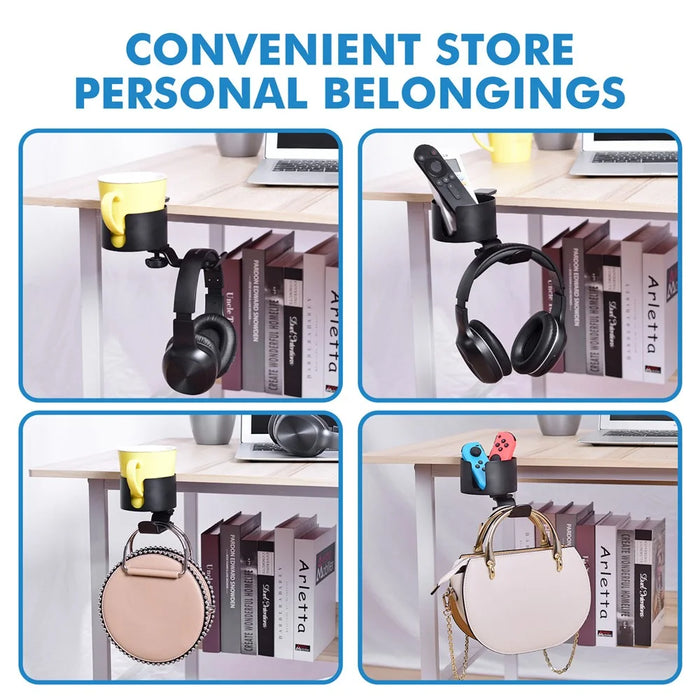 Aluminum Alloy Clamp-On Desk Cup Holder 360 Degree Rotatable Headphone Bag Hanger - Black - 4