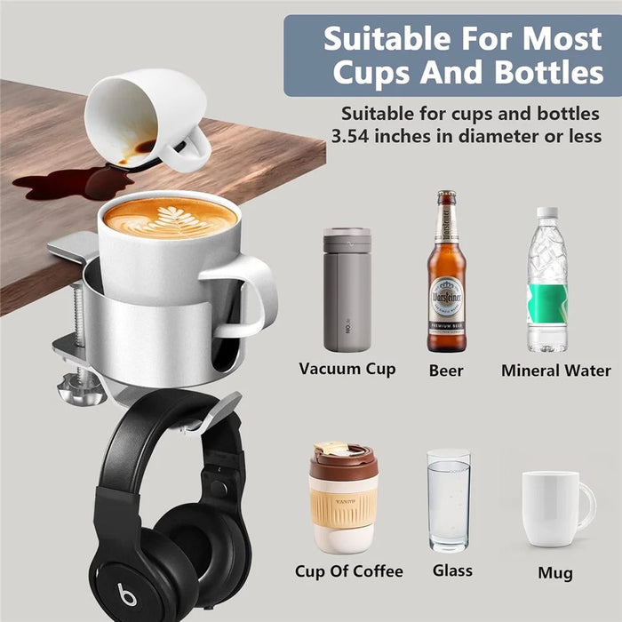 Aluminum Alloy Clamp-On Desk Cup Holder 360 Degree Rotatable Headphone Bag Hanger - Black - 5