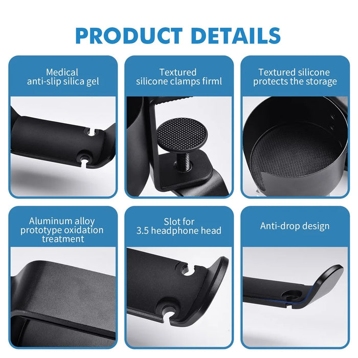 Aluminum Alloy Clamp-On Desk Cup Holder 360 Degree Rotatable Headphone Bag Hanger - Black - 6