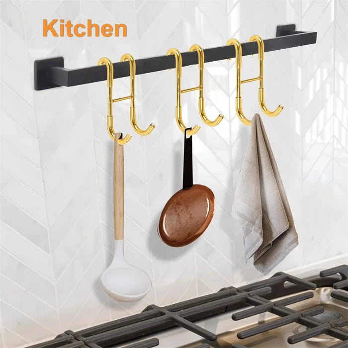 Drill Free S Shape Dual Hook Space Saving Stainless Steel Hanger for Bathroom Kitchen - Gold - 2