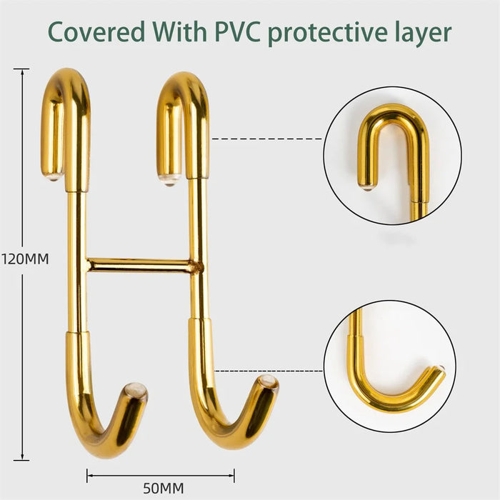 Drill Free S Shape Dual Hook Space Saving Stainless Steel Hanger for Bathroom Kitchen - Gold - 7