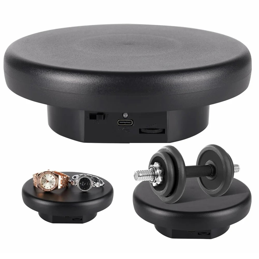 16cm Rotating Display Stand Jewelry 360-Degree Photography Adjustable Speed Turntable - Black - 1
