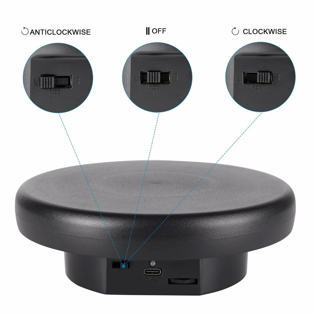 16cm Rotating Display Stand Jewelry 360-Degree Photography Adjustable Speed Turntable - Black - 3