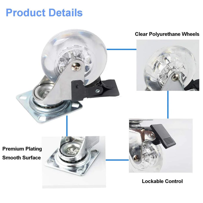 4Pcs 2-inch Crystal Clear Caster Universal Replacement Furniture Wheels with Brake - 3