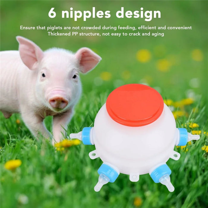 Piggy Milk Feeder 2.5L Round Piglet Poultry Breeding Feeder with 6 Pacifiers for Lambs, Piglets, Cows - 3