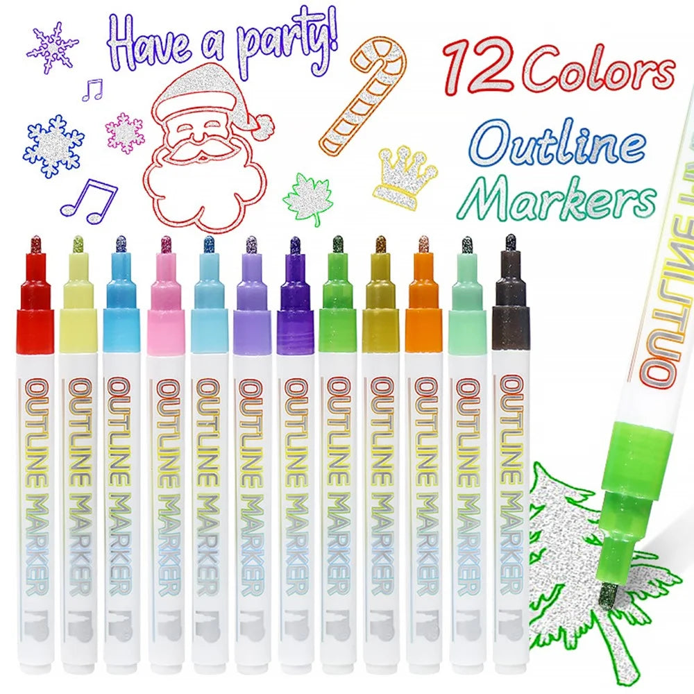 12Pcs Double Line Outline Marker Pens Glitter Pens Metallic Drawing Pens for Christmas Painting - 2