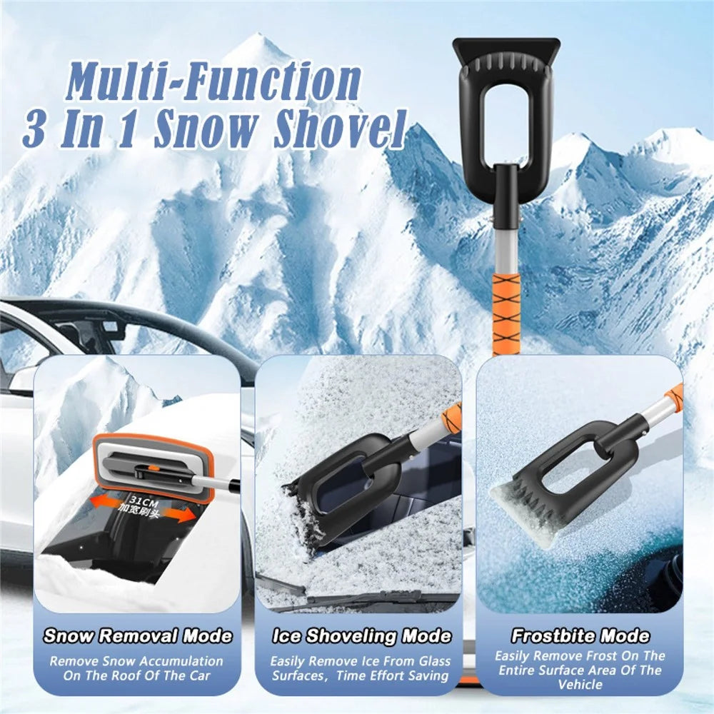 Car Snow Brush Ice Scraper 3 in 1 Extendable Aluminum Alloy Winter Snow Removal Tool - Orange - 3