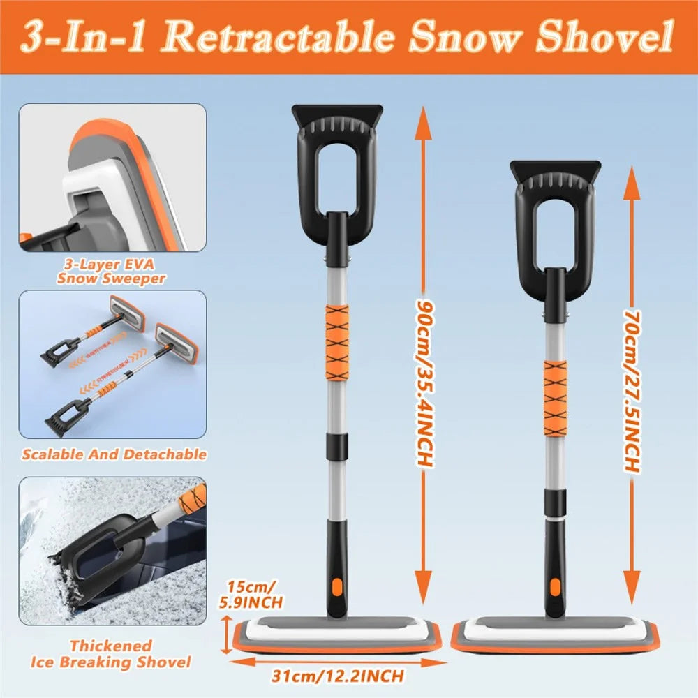 Car Snow Brush Ice Scraper 3 in 1 Extendable Aluminum Alloy Winter Snow Removal Tool - Orange - 7