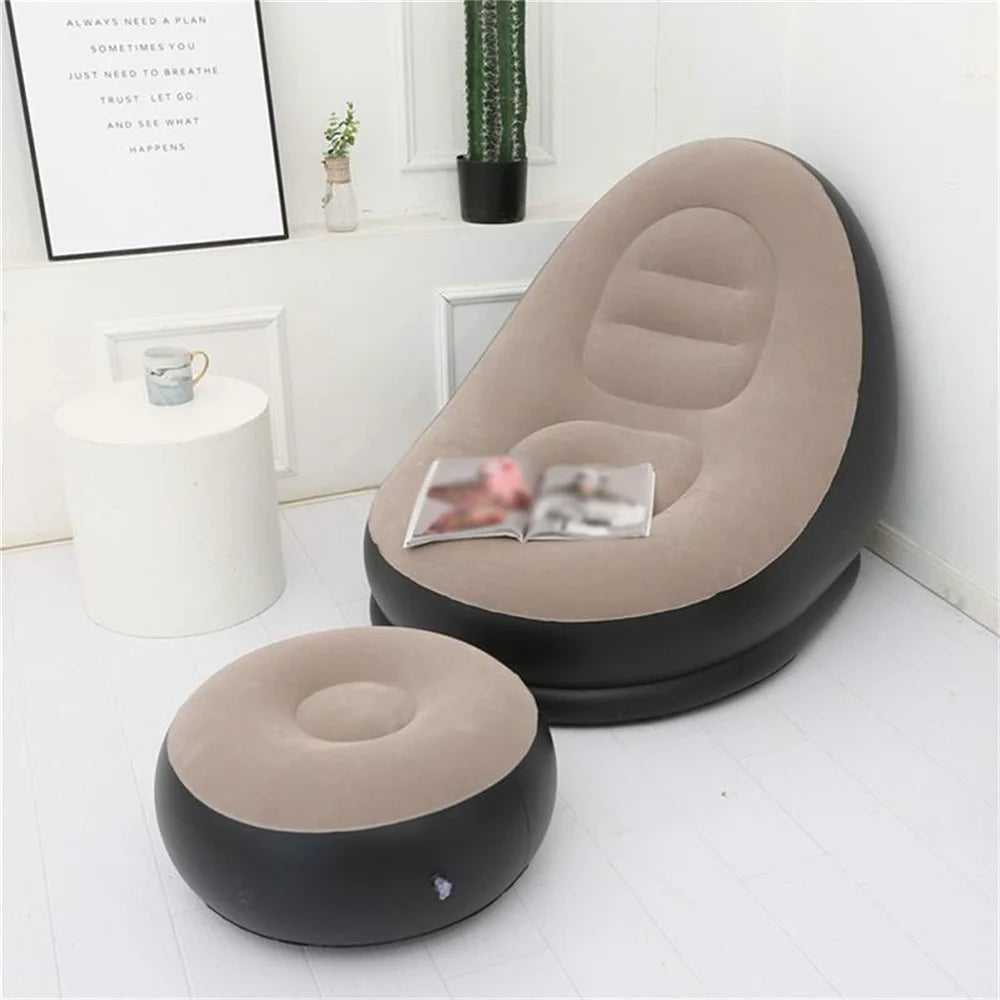 Portable Inflatable Stool Chair Thick Flocked Round Footrest Outdoor Travel Air Seat - Grey - 2