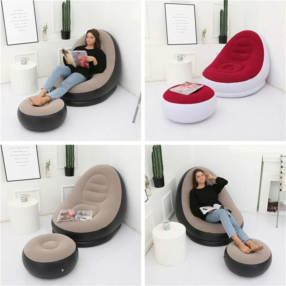 Portable Inflatable Stool Chair Thick Flocked Round Footrest Outdoor Travel Air Seat - Grey - 3