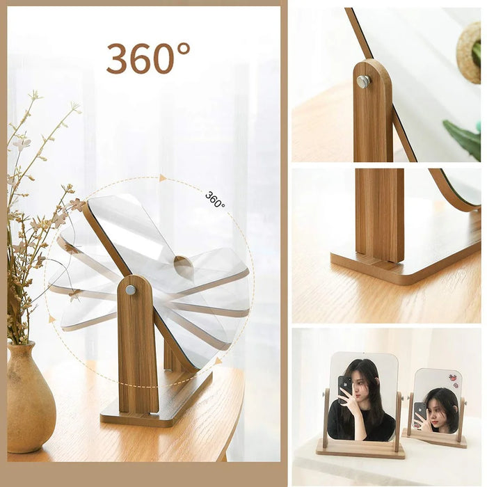 360 Degree Rotating Wooden Makeup Mirror Vintage Desktop High Definition Vanity Mirror - XL - 3