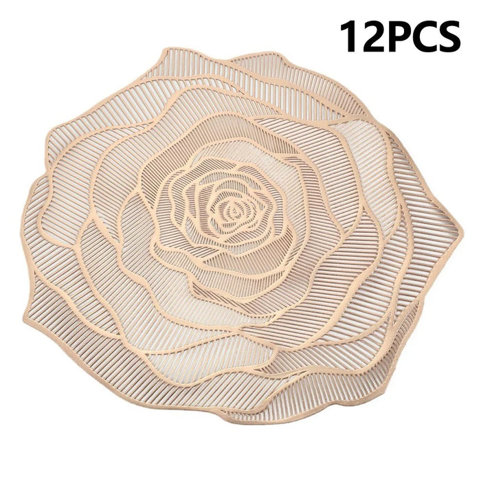 RX3307 12Pcs PVC Dining Table Placemats Heat Resistant Non Slip Rose Pattern Tabletop Mat - Rose Gold - 1