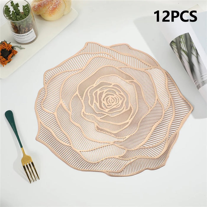 RX3307 12Pcs PVC Dining Table Placemats Heat Resistant Non Slip Rose Pattern Tabletop Mat - Rose Gold - 2
