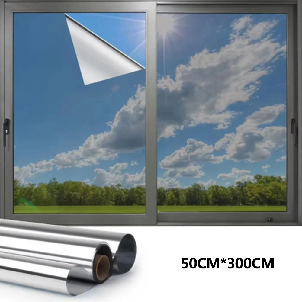 50 x 300cm Window Privacy Film Office Home Balcony One Way UV Blocking Static Cling Glass Film - Silver - 1