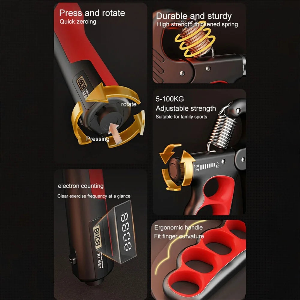 Adjustable Hand Grip Strengthener with Digital Counter Muscle Recovery Fitness Hand Force Training Tool - Red - 2