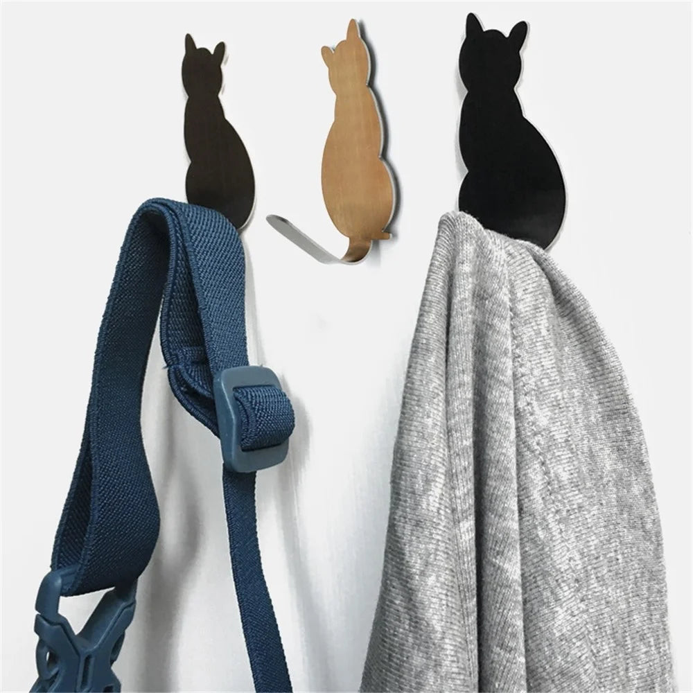 2Pcs Bathroom Storage Holder Cat Pattern Stainless Steel Kitchen Hanger Self-adhesive Hooks Towel Racks Door Clothes Wall Hanger - Black - 2