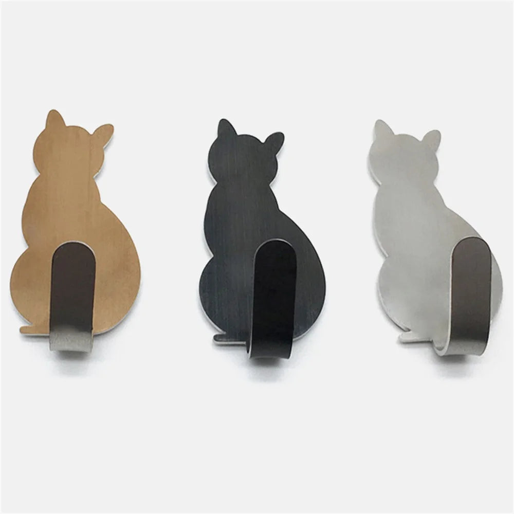 2Pcs Bathroom Storage Holder Cat Pattern Stainless Steel Kitchen Hanger Self-adhesive Hooks Towel Racks Door Clothes Wall Hanger - Black - 4
