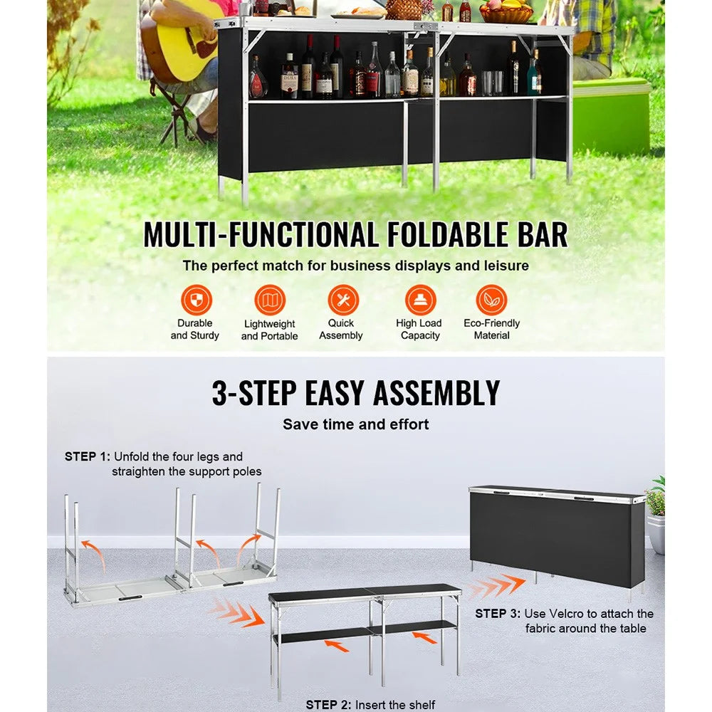 Folding Portable Bar Table 198x38.5x85cm Party Picnic Exhibition Podium Desk with Skirting and Storage Bag - 7