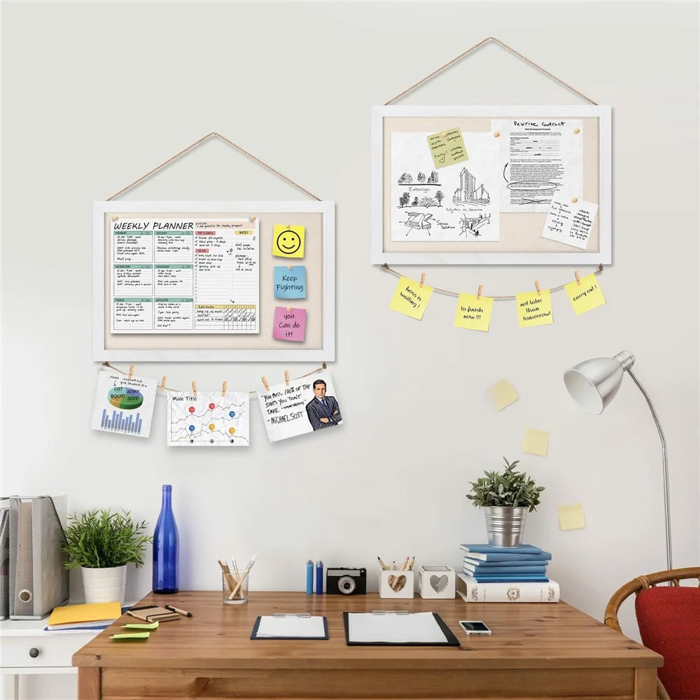 Hanging Message Board Cork Memo Note Pin Board Photo Wall Background Bulletin Board - White - 3
