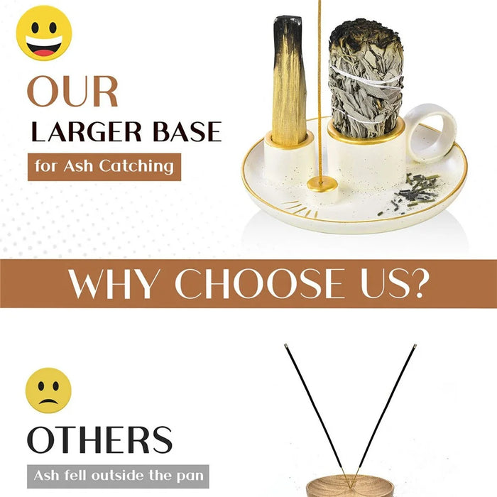 Sage Holder Ceramic Incense Burner Bowl Candle Stick Holder Tray for Meditation - White+Gold - 3