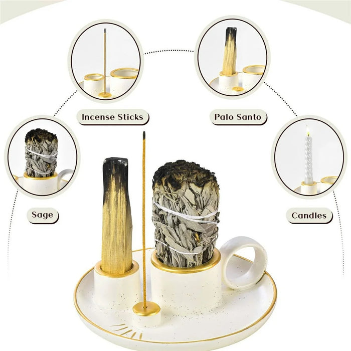 Sage Holder Ceramic Incense Burner Bowl Candle Stick Holder Tray for Meditation - White+Gold - 5
