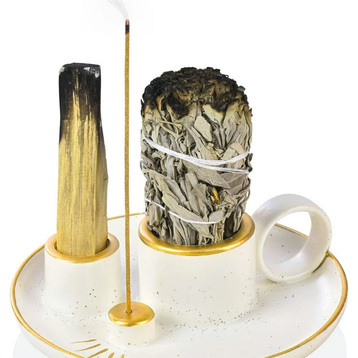 Sage Holder Ceramic Incense Burner Bowl Candle Stick Holder Tray for Meditation - White+Gold - 7