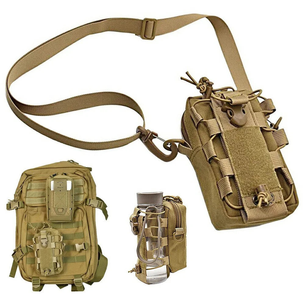 Tactical Outdoor Hiking Camping Waist Pack Small Hanging Bag with Water Bottle Holder - Khaki - 2
